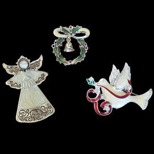 VTG Brooch Set 3PC Christmas Novelty Holiday Angel Dove Wreath Figural Pins